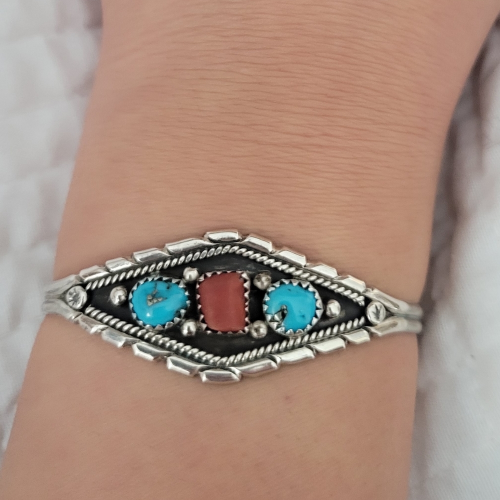Vintage Sterling Silver Turquoise/Coral Cuff